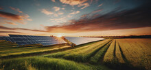 Illustrazione Di Solar Farm In Una Campagna Verdeggiante, Sole Al Tramonto