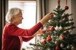 woman placing ornaments on a non-specific holiday tree