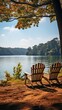 © tongpatong - Benches made of wood along a lake. calm environment.