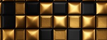 Seamless Golden Checker Or Chessboard Square Pattern. Vintage Abstract Gold Plated Relief, Black Background. Modern Elegant Metallic Luxury Backdrop. Maximalist Gilded Wallpaper
