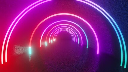 Poster - Abstract technology neon glowing cycled lines, endless tunnel with round colorful. Looping 3d animation, moving forward the endless corridor with glowing rings. Abstract neon background. 3d animation
