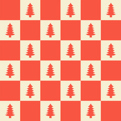 Poster - Retro Christmas seamless pattern in style 60s, 70s. Trendy checkered background with geometric fir tree. Vector illustration. Red and Beige colors