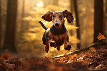 Black Brown Dachshund Dog Running In Autumn Park Or Forest