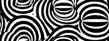 Seamless Trippy Psychedelic Vintage Mid Century Modern Geometric Striped Circle Pattern. Bold Monochrome Black White Retro Surreal Lines Aesthetic Art. Optical Illusion Scallop Background