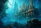 Fototapeta  - Fantasy underwater seascape with lost city, Fantasy sunken city under water