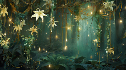 Wall Mural - Christmas trees,  beautiful lights and Christmas stars in the forest. 