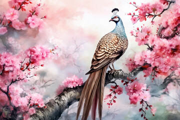 Sticker - Peacock on a branch of sakura. Watercolor painting