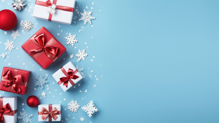 Wall Mural - Gift boxes with christmas decorations on a blue background. Top view. Flat lay.