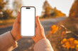 © shine.graphics - Phone in hands with an isolated screen on the background of an autumn road