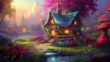 Enchanting Woodland Cottage Nestled Among Vibrant Mushrooms And Flora, With Shimmering Stream In Foreground. Fantasy Landscapes.