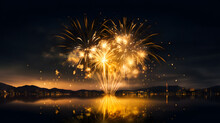 Yellow Fireworks Over The City Sky Background