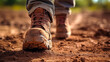 boots stepping on fresh soil, symbolizing the rebuilding phase, on a brown earth background