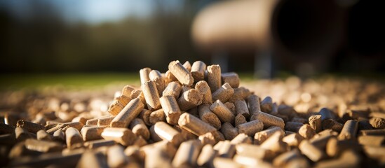 Biofuel pellets presented with cut logs and briquettes in daylight.