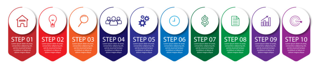 Aufkleber - 10 step infographic, simple infographic design consisting of ten interrelated parts, circle design combined with lines, icons and colors, good for your business presentation