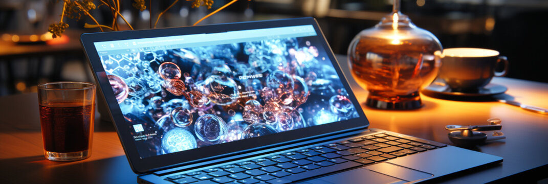 Laptop with an information graphic on it, in the bleu. AI generativ