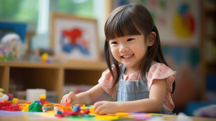 Wall Mural - Young preschooler makes a paper and paint craft for classroom lessons