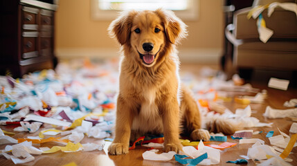 Wall Mural - A dog sits on torn pieces of paper