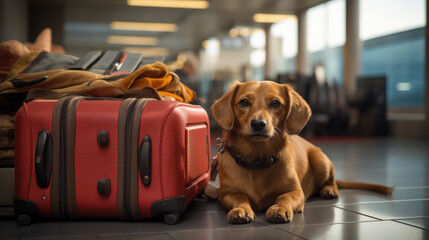 Wall Mural - A dog sits in front of a suitcase. Traveling with animals concept.