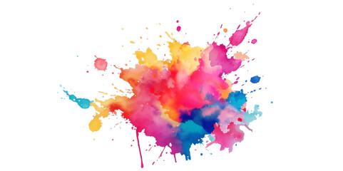 Bright colorful watercolor splash splatter stain brush strokes on white background. Modern vibrant aquarelle spot. Rainbow trendy isolated design on white. Element. Vector watercolor illustration.