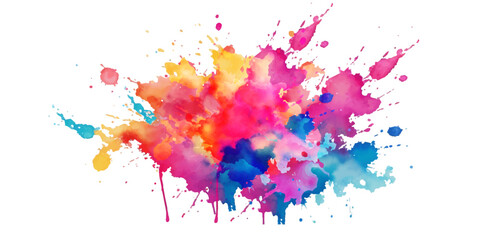 Wall Mural - Bright colorful watercolor splash splatter stain brush strokes on white background. Modern vibrant aquarelle spot. Rainbow trendy isolated design on white. Element. Vector watercolor illustration.