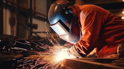 Wall Mural - Worker welding steel structure at workshop