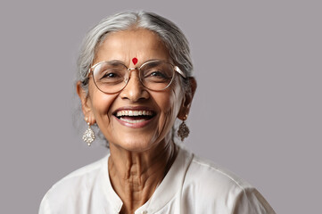 Happy elderly Indian woman in white outfit, classic glasses, laughing in photo studio close-up