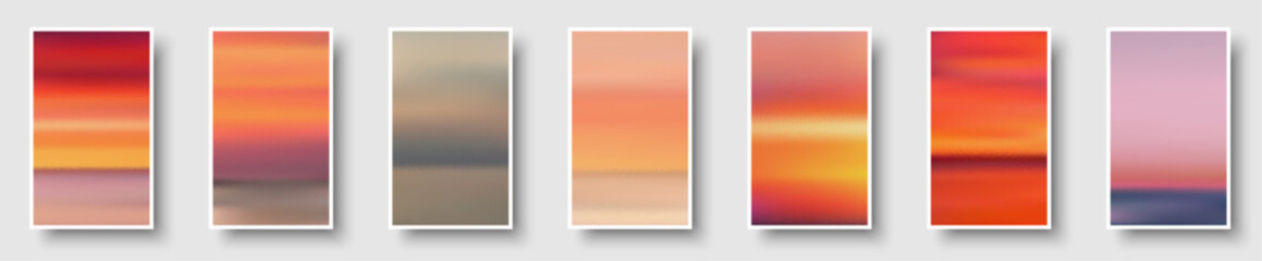 Wall Mural - Set of colorful paper sunset and sunrise sea cards. Abstract blurred textured gradient mesh color backgrounds.