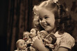 Cute girl smiling, holding retro dolls, vintage photo