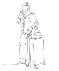 Woman with luggage standing and using phone. Baggage claim. One line drawing. Black and white vector illustration in line art style.