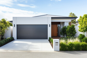 exterior front facade of new modern australian style home, residential architecture