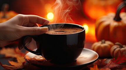  a cup of hot chocolate on a saucer with a hand holding a hot chocolate in front of a lit background with pumpkins and a hand holding a cup of hot chocolate.  generative ai