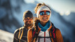 Gleeful couple in biathlon competition snow-capped mountains background with empty space for text 