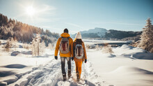 Blissful Couple Cross-country Skiing In A Snowy Landscape Background With Empty Space For Text 