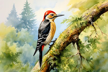A Watercolor Piece Of A Charming Woodpecker Perched On An Old Tree