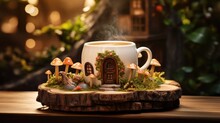  A Cup Of Coffee Sitting On Top Of A Wooden Table Next To Mushrooms And A Mushroom House On Top Of A Tree Stump With Moss Growing On Top Of It.  Generative Ai