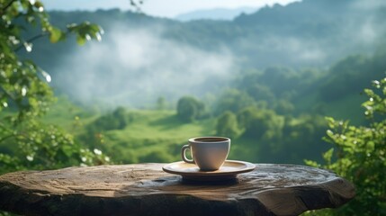 Poster -  a cup of coffee sitting on top of a wooden table in front of a scenic view of a green valley and a lush green forest filled with trees in the background.  generative ai