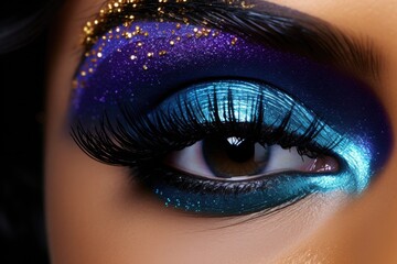 Wall Mural - Bright eye makeup in blue and purple colors with glitter