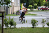 Kobieta z dzieckiem na bagażniku jedzie rowerem przez przejście dla pieszych
