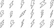 Lightning bolts line icons vector illustration, black and white seamless pattern, symbolizing power, energy, and danger. Perfect for weather-related designs, electric themes, and storm visuals