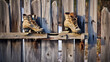 A pair of ice skates hanging on a wooden fence, ready for action.
