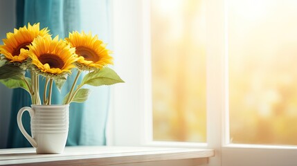 Poster -  a vase of sunflowers sitting on a window sill in front of a window sill with a blue curtain and a blue drapes in the background.  generative ai