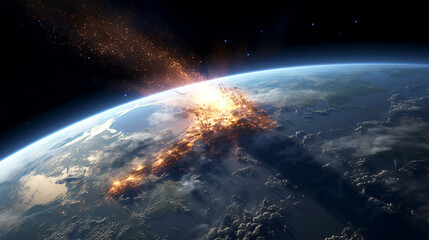 view from space meteoritrs with firetrail approaching earth