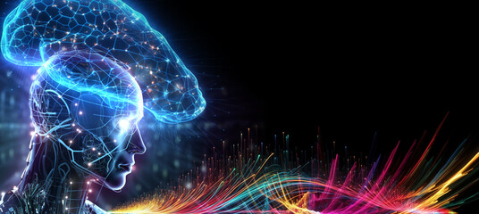 Poster - Brain and Human form hologram creativity concept, futuristic blue light and wave on black background , copy space banner