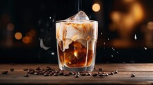  A Glass Of Iced Coffee With Ice And Coffee Beans On A Wooden Table With A Boke Of Smoke Coming Out Of The Top Of The Top Of The Glass.  Generative Ai
