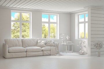 Bright interior design with modern furniture and summer landscape in window. 3D illustration