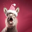 Close-up of a donkey with a Santa hat on its head. Purple and snowy background.