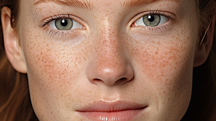 Wall Mural - Close-up view of a female face with grey eyes. Redhead, freckles. Illustration, wallpaper, background.