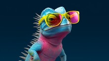 Cartoon Colorful Iguana With Sunglasses On Isolated.Generative AI