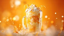  A Glass Mug Filled With Liquid And Topped With A Whipped Cream Topping On An Orange Background With A Splash Of Water On The Bottom Of The Glass And The Mug.  Generative Ai