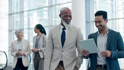 Aufkleber - Mentor, training and teamwork with business people and tablet for research, planning and report. Coaching, website and digital with employees and review for networking, meeting and solution